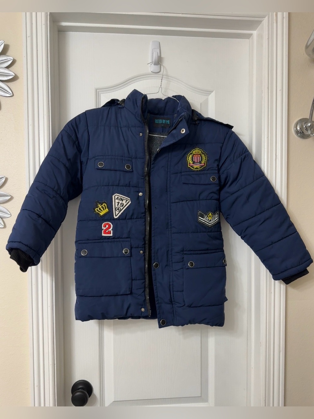 Used by me navy blue vintage-style quilted puffer coats with patches hood 12